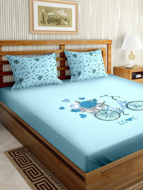 

BELLA CASA Blue & Green Graphic Printed Cotton 150 TC King Bedsheet with 2 Pillow Covers