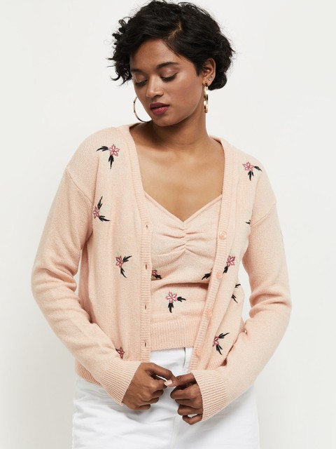 

max Women Peach-Coloured & Black Floral Pure Acrylic Cardigan With Top