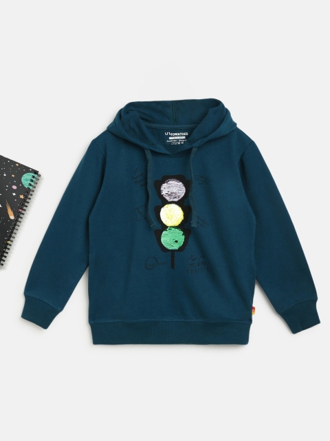 

Lil Tomatoes Boys Teal Blue Sequinned Pure Cotton Hooded Sweatshirt
