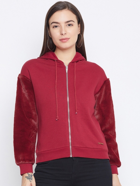 

CAMLA Women Maroon Solid Hooded Sweatshirt