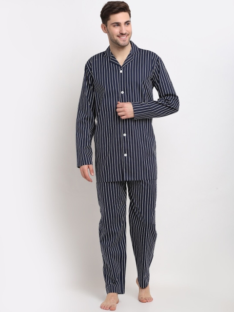 

JAINISH Men Navy Blue & White Striped Pure Cotton Night suit