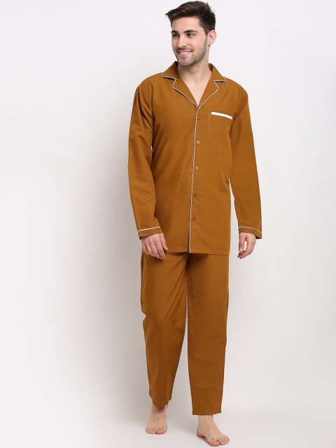 

JAINISH Men Brown Solid Night Suit