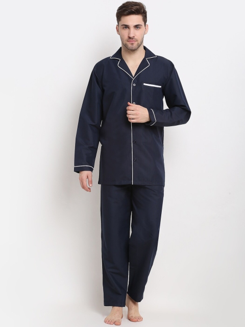 

JAINISH Men Navy Blue & White Pure Cotton Night suit