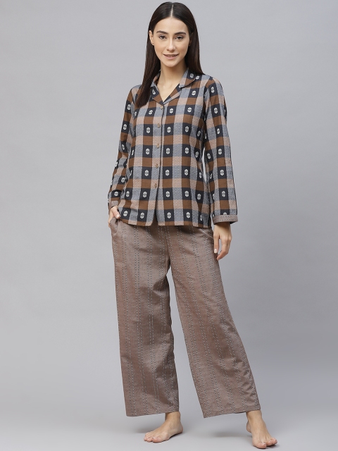 

Laado - Pamper Yourself Women Coffee Brown & Navy Blue Checked Cotton Pyjama Set
