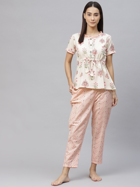 

Laado - Pamper Yourself Women Beige & Pink Floral Print Cotton Pyjama Set