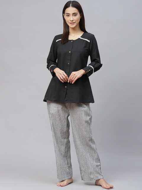 

Laado - Pamper Yourself Women Black & White Solid Cotton Lace Inserts Pyjama Set