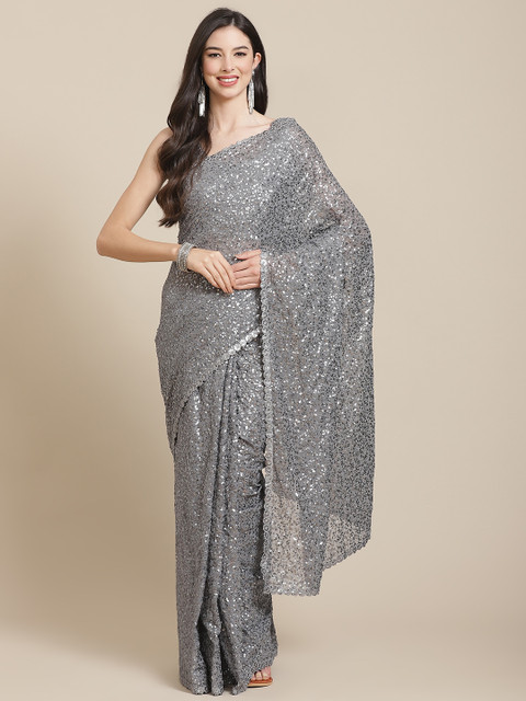 

Readiprint Fashions Grey Sequinned Pure Georgette Heavy Work Saree