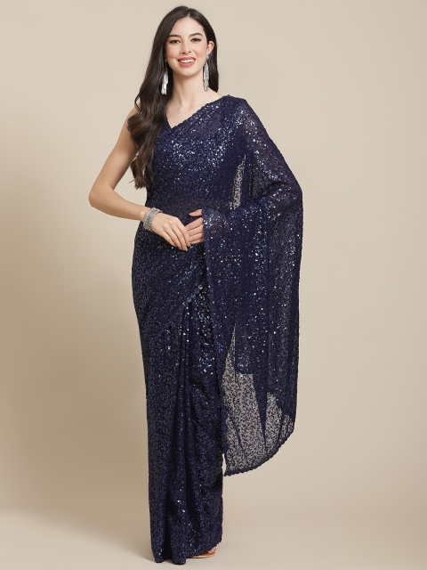 

Readiprint Fashions Navy Blue Sequinned Pure Georgette Heavy Work Saree