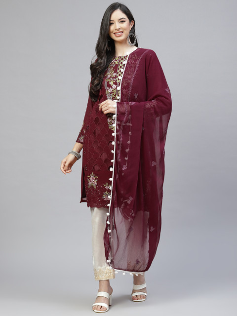 

Readiprint Fashions Women Maroon & Off White Embroidered Unstitched Dress Material