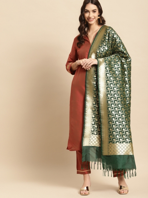

Banarasi Style Green & Gold-Toned Ethnic Motifs Woven Design Art Silk Dupatta with Thread Work