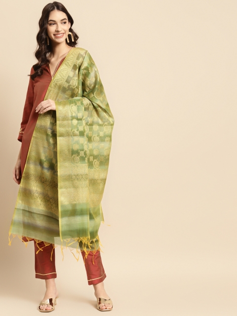 

Banarasi Style Green & Gold-Toned Ethnic Motifs Woven Design Cotton Silk Dupatta with Thread Work