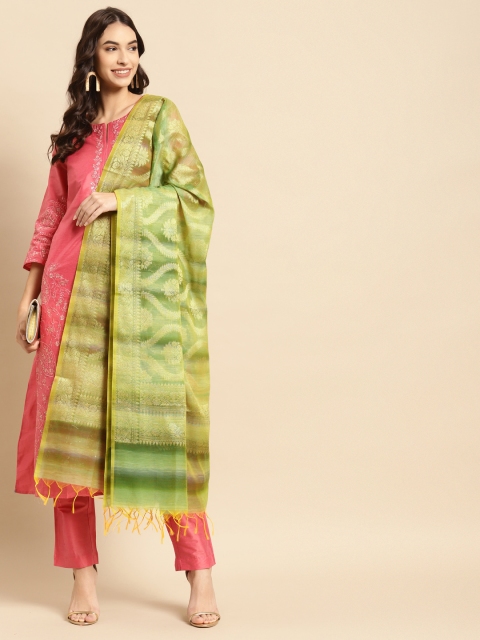 

Banarasi Style Green & Gold-Toned Woven Design Cotton Silk Dupatta with Thread Work