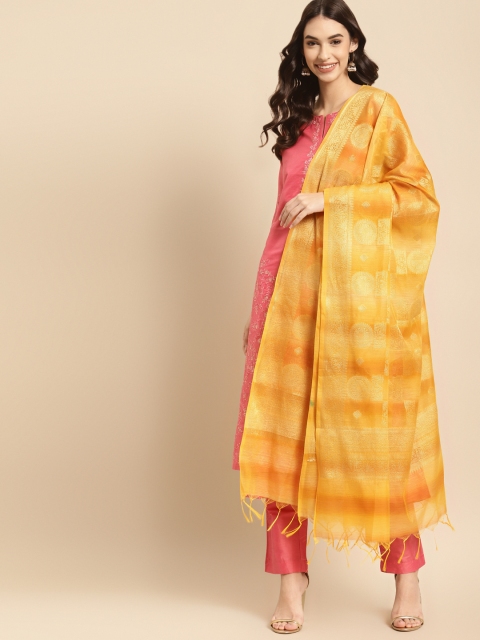 

Banarasi Style Yellow & Gold-Toned Ethnic Motifs Woven Design Cotton Silk Dupatta with Thread Work