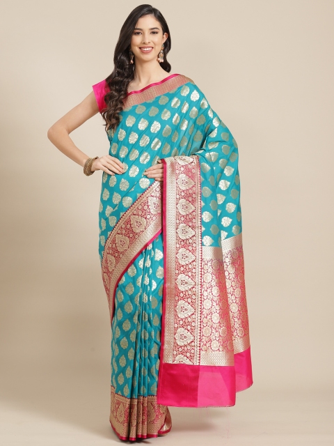 

Banarasi Style Blue & Pink Ethnic Motifs Woven Design Semi Kataan Silk Banarasi Saree