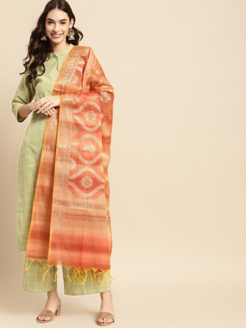 

Banarasi Style Peach-Coloured & Gold-Toned Ethnic Motifs Woven Design Cotton Silk Dupatta with Thread Work