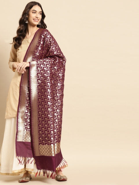 

Banarasi Style Maroon & Gold-Toned Ethnic Motifs Woven Design Art Silk Dupatta with Thread Work