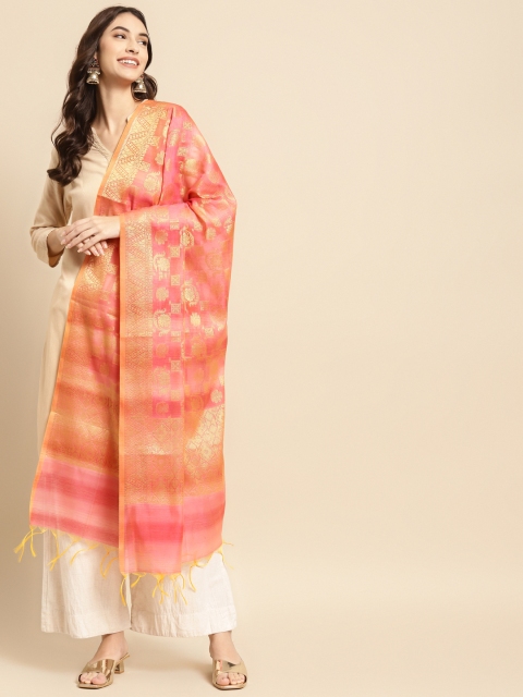 

Banarasi Style Pink & Gold-Toned Ethnic Motifs Woven Design Cotton Silk Dupatta with Thread Work