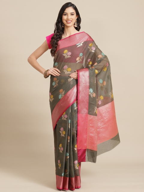 

Banarasi Style Charcoal Grey & Pink Floral Woven Design Silk Cotton Banarasi Saree