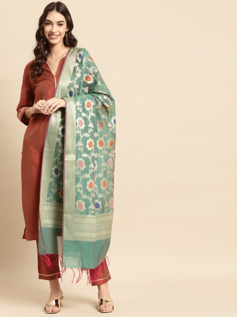 

Banarasi Style Green & Gold-Toned Ethnic Motifs Woven Design Cotton Silk Dupatta with Thread Work