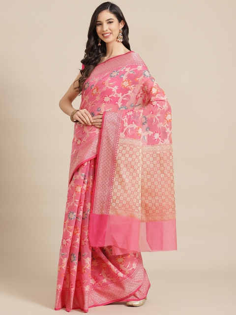 

Banarasi Style Pink & Golden Floral Woven Design Silk Cotton Banarasi Saree