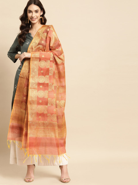 

Banarasi Style Peach-Coloured & Gold-Toned Ethnic Motifs Woven Design Cotton Silk Dupatta with Thread Work
