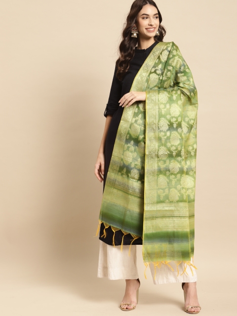 

Banarasi Style Green & Gold-Toned Ethnic Motifs Woven Design Cotton Silk Dupatta with Thread Work