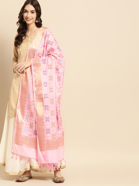 

Banarasi Style Pink & Gold-Toned Ethnic Motifs Woven Design Cotton Silk Dupatta with Thread Work