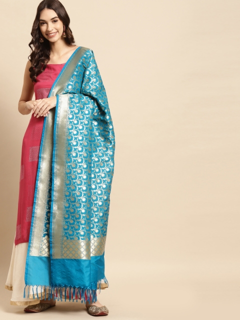 

Banarasi Style Blue & Gold-Toned Ethnic Motifs Woven Design Art Silk Dupatta with Thread Work