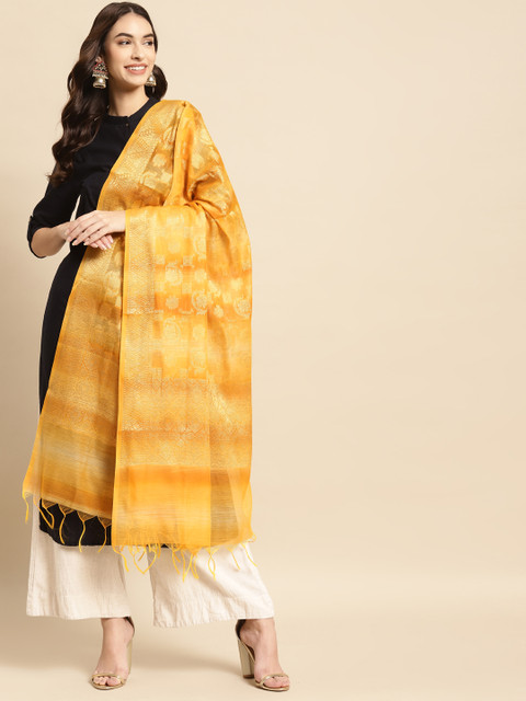 

Banarasi Style Yellow & Gold-Toned Ethnic Motifs Woven Design Cotton Silk Dupatta with Thread Work