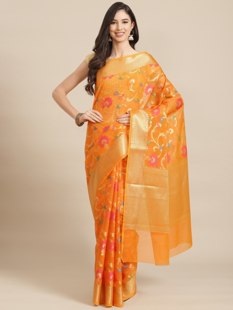 

Banarasi Style Orange & Pink Floral Woven Design Silk Cotton Banarasi Saree