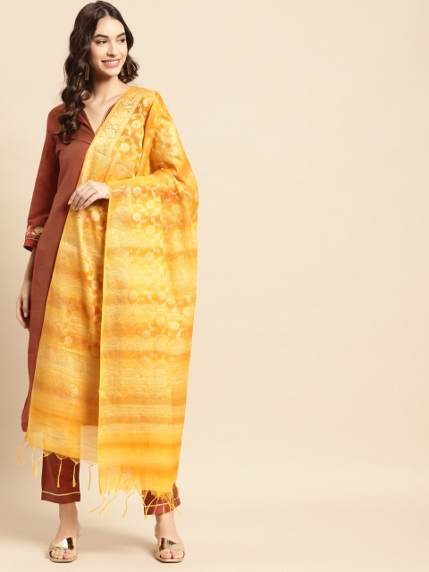 

Banarasi Style Yellow & Gold-Toned Woven Design Cotton Silk Dupatta with Thread Work
