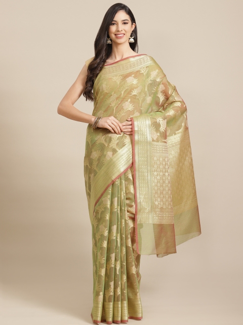 

Banarasi Style Green & Golden Floral Woven Design Silk Cotton Banarasi Saree