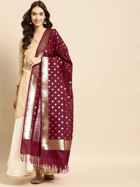 

Banarasi Style Maroon & Gold-Toned Woven Design Art Silk Dupatta with Thread Work