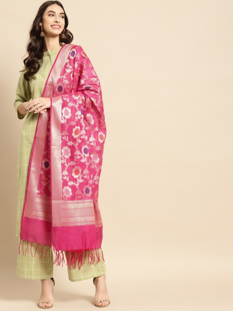 

Banarasi Style Pink & Gold-Toned Floral Woven Design Cotton Silk Dupatta with Thread Work