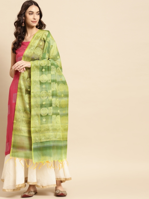 

Banarasi Style Green & Gold-Toned Woven Design Cotton Silk Dupatta with Thread Work