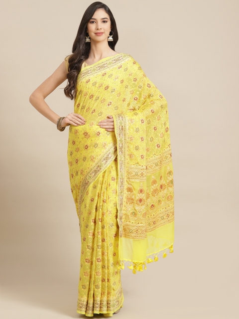 

Banarasi Style Yellow & Green Floral Woven Design Pure Chiffon Silk Saree