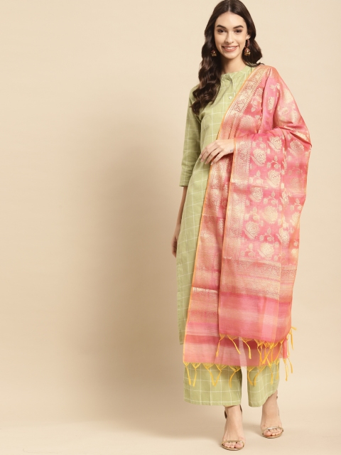 

Banarasi Style Pink & Gold-Toned Floral Woven Design Cotton Silk Dupatta with Thread Work