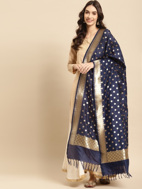 

Banarasi Style Navy Blue & Gold-Toned Woven Design Art Silk Dupatta with Thread Work