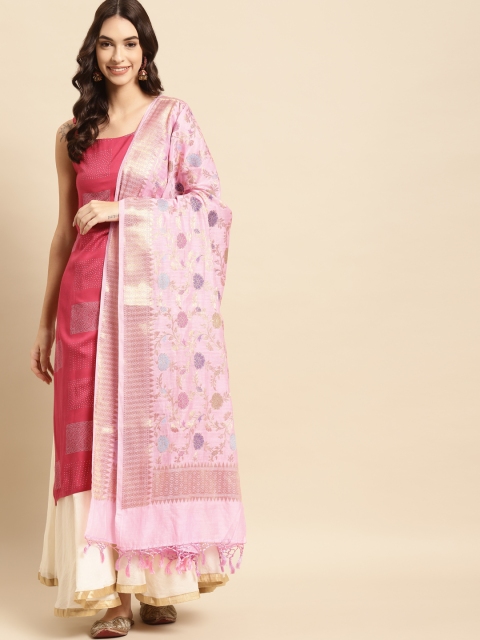 

Banarasi Style Pink & Gold-Toned Woven Design Cotton Silk Dupatta with Thread Work