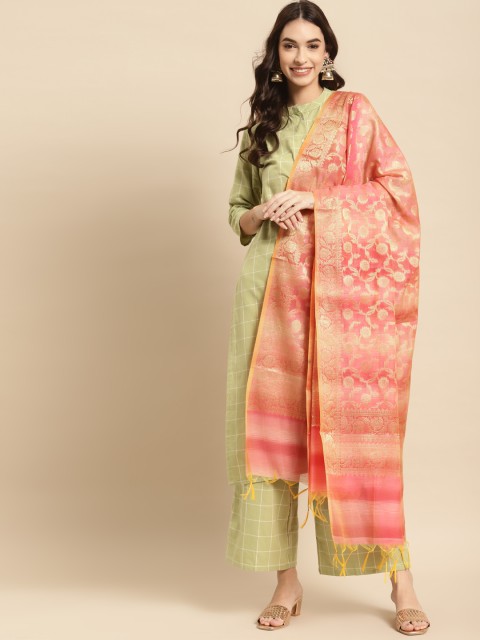 

Banarasi Style Pink & Gold-Toned Woven Design Cotton Silk Dupatta with Thread Work