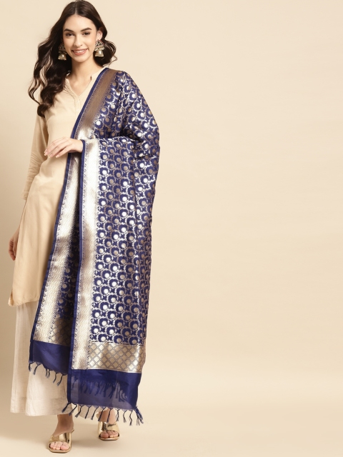 

Banarasi Style Navy Blue & Gold-Toned Woven Design Art Silk Dupatta with Thread Work