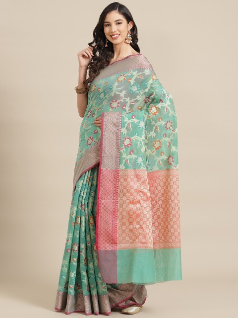 

Banarasi Style Sea Green & Off White Ethnic Design Silk Cotton Banarasi Saree