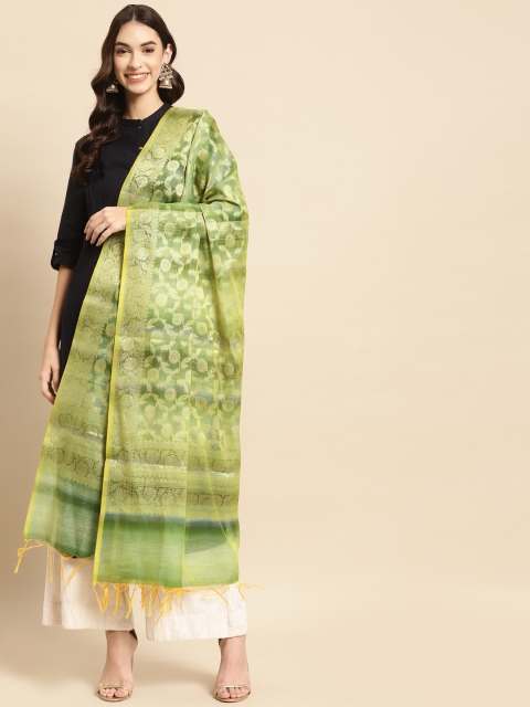 

Banarasi Style Green & Gold-Toned Woven Design Cotton Silk Dupatta with Thread Work