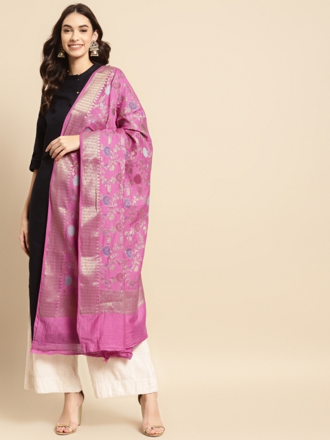 

Banarasi Style Pink & Gold-Toned Woven Design Cotton Silk Dupatta with Thread Work