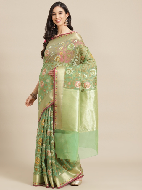 

Banarasi Style Green & Pink Floral Woven Design Organza Silk Banarasi Saree