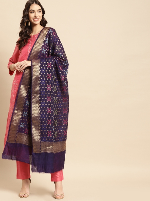 

Banarasi Style Purple & Gold-Toned Woven Design Cotton Silk Dupatta with Thread Work