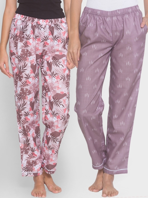 

FashionRack Women Pack of 2 Purple & Beige Printed Cotton Pyjamas