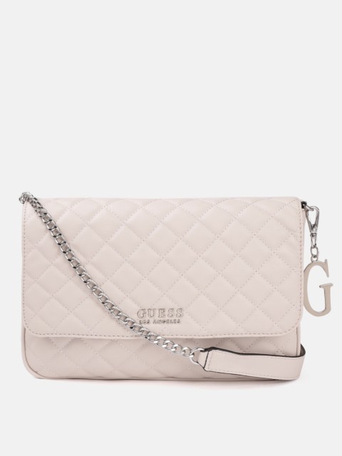 

GUESS Pink Quilted Structured Sling Bag with Non-Detachable Sling Strap Tab & Pouch
