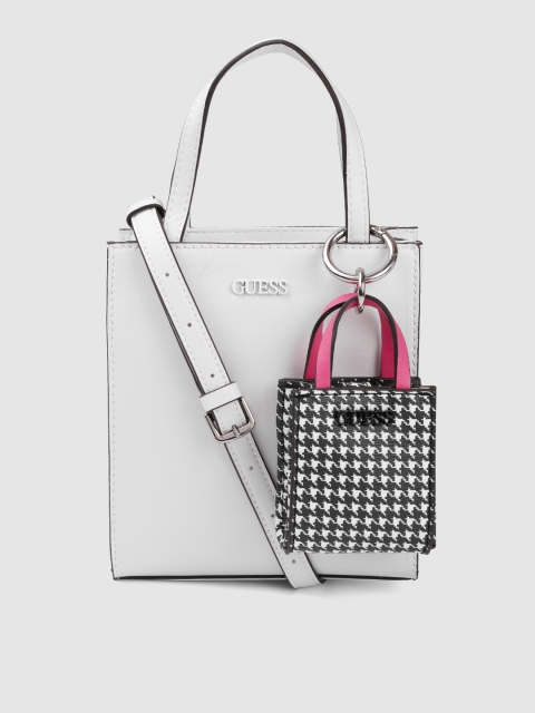 

GUESS White Solid Structured Handheld Bag with Pouch
