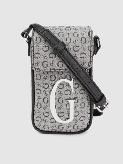 

GUESS Grey & Black Brand Logo Printed Structured Small Sling Bag